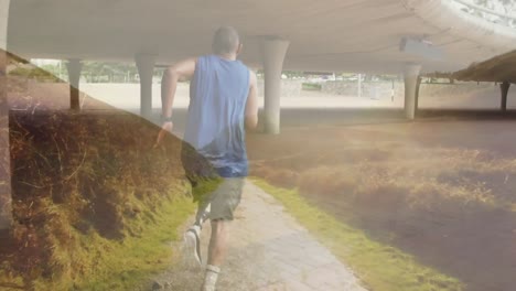 Animation-Der-Landschaft-über-Einem-Behinderten-Afroamerikanischen-Mann-Mit-Künstlichem-Bein-Beim-Laufen