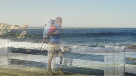 Animation-of-sea-over-disabled-caucasian-male-hiker
