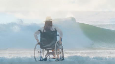 Animación-Del-Paisaje-Marino-Sobre-Una-Mujer-Cuacasiana-Discapacitada-Sentada-En-Silla-De-Ruedas
