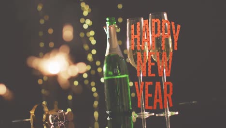 Animation-of-happy-new-year-text-in-red-over-sparkler,-lights,-champagne-bottle-and-glasses