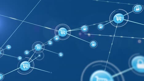 Animation-of-network-of-connections-with-icons-over-light-trails-on-blue-background