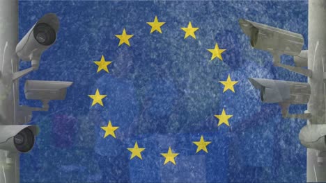 Animation-Der-EU-Flagge-Und-Kameras-über-Verschiedenen-Freiwilligen,-Die-Den-Park-Säubern
