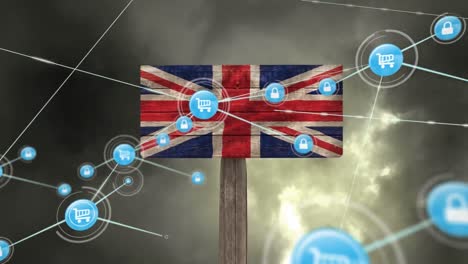 Animation-Des-Netzwerks-Von-Verbindungen-über-Der-Flagge-Des-Vereinigten-Königreichs