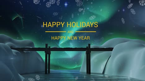 Animation-of-happy-holidays-and-new-year-text-snowflakes-and-bridge-in-winter-landscape