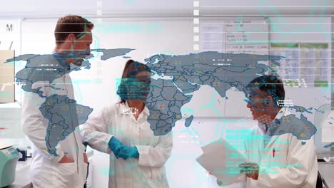Animation-of-data-processing-and-world-map-over-caucasian-doctors-talking