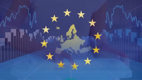 Animation-Der-EU-Flagge-Und-Datenverarbeitung-über-Gemischtrassige-Freiwillige,-Die-Müll-Trennen