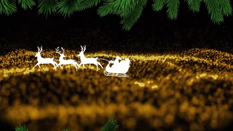 Animation-of-christmas-winter-scenery-with-santa-claus-in-sleigh-over-gold-mesh-and-fir-tree