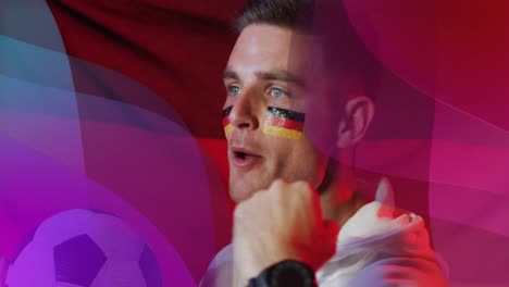 Animation-of-caucasian-male-supporter-with-flag-of-germany-over-shapes
