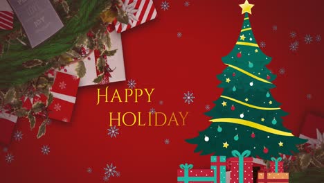 Animation-of-happy-holiday-text-in-yellow-with-christmas-tree-over-gifts-on-red-background