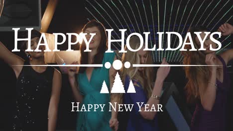 Animation-of-happy-holidays-and-new-year-text-over-happy-cauicasian-women-dancing-at-party
