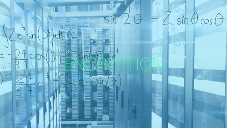 Animation-of-encryption-text-in-green-with-mathematical-equations-and-formulae-over-server-room