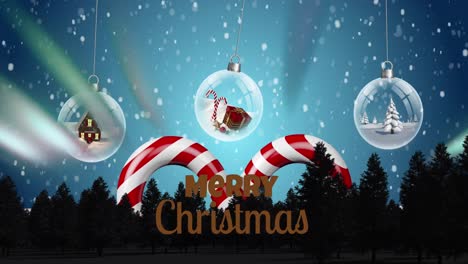 Animation-of-christmas-greetings-text-over-christmas-snow-globes-and-trees