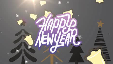 Animation-of-happy-new-year-text-with-bells-and-snowflakes-falling-over-trees