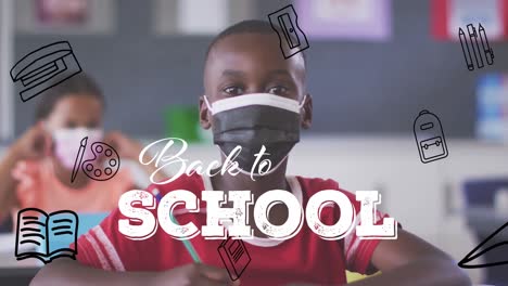Animation-of-back-to-school-text-and-school-equipment-over-african-american-schoolboy-in-face-mask