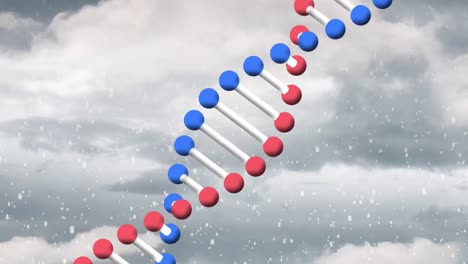 Animation-of-white-particles-over-spinning-dna-structure-against-clouds-in-the-sky