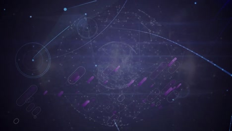 Animation-of-purple-light-trails-over-globe-of-network-of-connections-against-blue-background