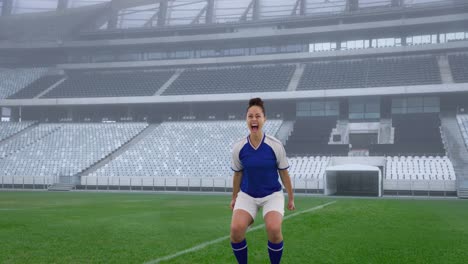 Animation-Einer-Gemischtrassigen-Fußballspielerin-über-Dem-Stadion