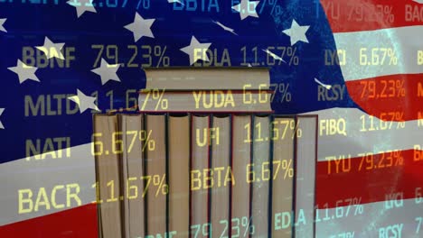 Animation-of-data-processing-over-books-and-flag-of-usa