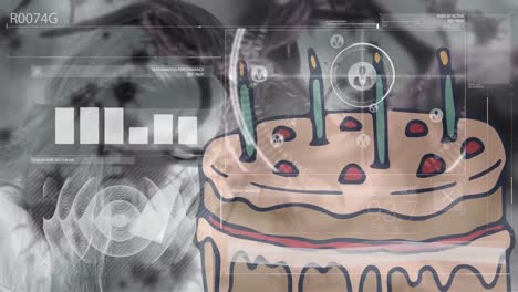 Animation-of-data-processing-over-virus-cells,-caucasian-girl-and-cake