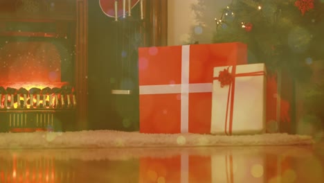 Animation-Von-Weißen-Lichtpunkten-über-Dem-Weihnachtsmann,-Der-Weihnachtsgeschenke-Unter-Dem-Baum-Am-Kamin-Hinterlässt