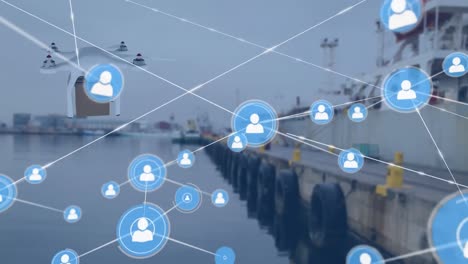 Animation-of-profile-icons-connected-with-lines-and-drone-carrying-box-flying-at-port-against-sky