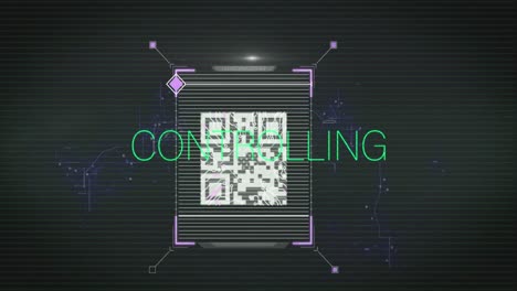 Animation-of-controlling-text-in-green-over-qr-code-and-fingerprint-scanning-on-black-background