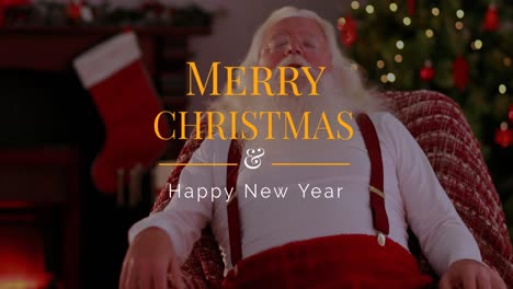 Animation-of-christmas-greetings-text-over-sleeping-santa-claus