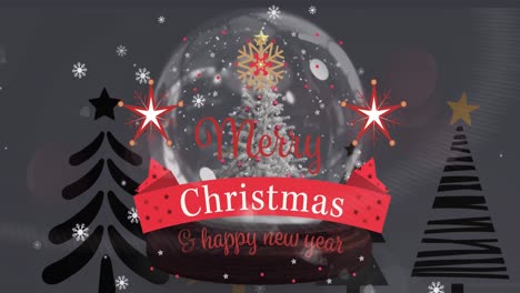 Animation-of-christmas-greetings-text-over-christmas-snow-globe-and-trees