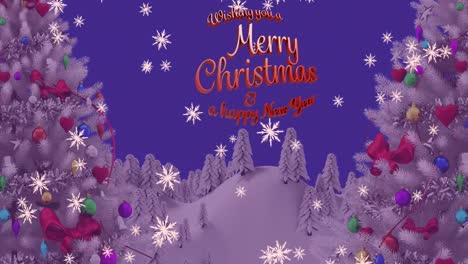Animation-of-christmas-greetings-text-over-snow-and-christmas-trees