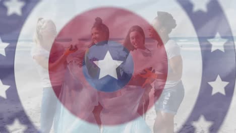Animation-of-circles-coloured-with-flag-of-usa-over-diverse-female-friends-at-beach