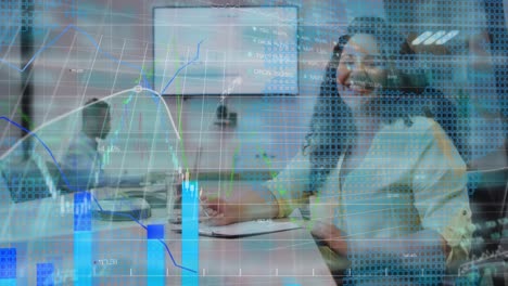 Animation-of-data-processing-over-happy-biracial-businesswoman-smiling-in-office