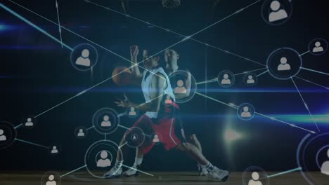 Animation-Des-Netzwerks-Von-Verbindungen-über-Kaukasische-Männliche-Basketballspieler