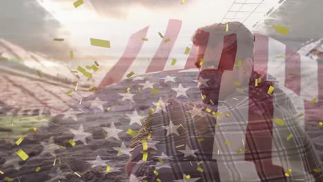 Animation-of-confetti-and-caucasian-man-at-beach-over-flag-of-usa