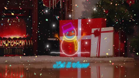 Animation-of-let-it-snow-text-and-snowman-in-neon-with-confetti-over-christmas-tree-and-presents