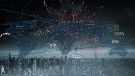 Animation-of-fireworks-and-data-processing-over-world-map-against-aerial-view-of-cityscape