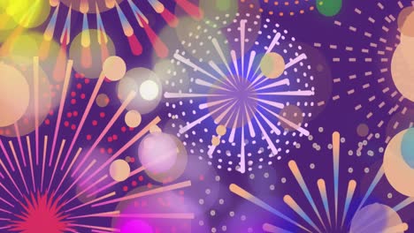 Animation-of-colourful-spots-of-light-over-graphic-new-year-fireworks-exploding