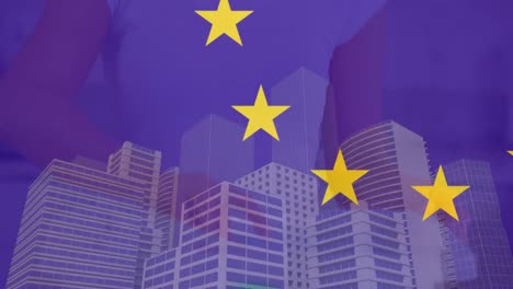 Animation-of-flag-of-eu-and-city-over-biracial-volunteer-segregating-waste