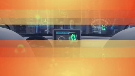 Animation-of-orange-stripes-and-icons-over-car-interface