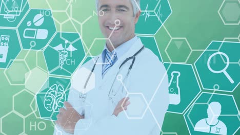 Animation-of-medical-icons-and-chemical-structures-over-portrait-of-smiling-caucasian-male-doctor