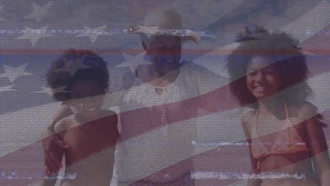 Animation-of-interference-and-senior-african-american-woman-with-grandchildren-over-flag-of-usa