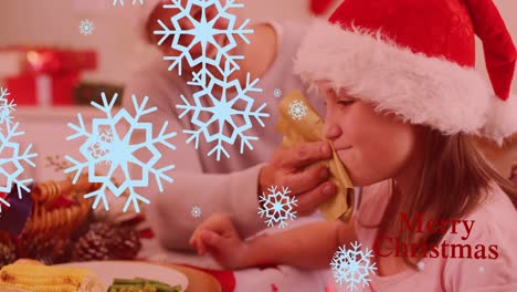 Animation-of-snowflakes-falling-over-caucasian-daughter-with-father-at-christmas-dinner