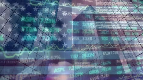 Animation-of-stock-market-data-processing-over-us-flag-and-tall-buildings-against-blue-sky