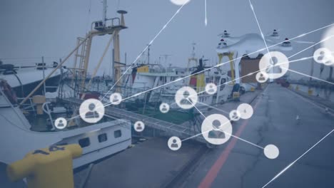 Animation-of-profile-icon-connected-with-lines-and-drone-carrying-box-flying-over-cargo-ship-at-port