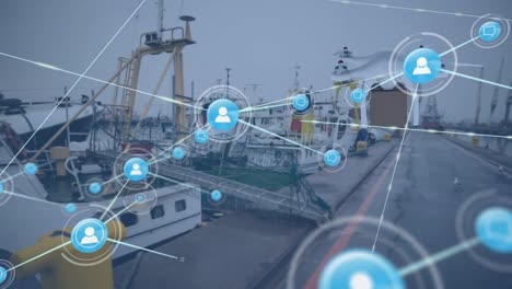 Animation-of-profile-icons-connected-with-lines-over-drone-with-box-flying-over-cargo-ships-at-port