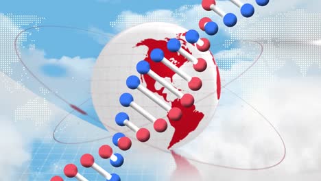 Animation-of-shield-around-globe,-dna-helix-and-dots-forming-maps-against-cloudy-sky