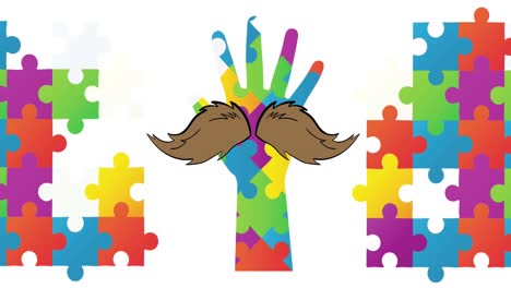 Animation-of-moustache-icon-over-colourful-puzzle-and-arm