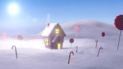 Animation-of-christmas-cottage-in-winter-landscape-with-candy-canes,-lollipops-and-sun