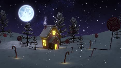 Animation-of-christmas-cottage-and-trees-in-snow-at-night-with-candy-canes,-lollipops-and-full-moon