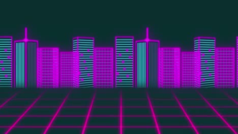 Animation-of-neon-3d-cityscape-model-over-grid-network-against-black-background