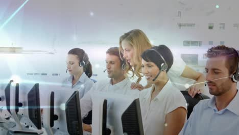 Animation-of-network-of-connections-over-diverse-business-people-wearing-phone-headsets